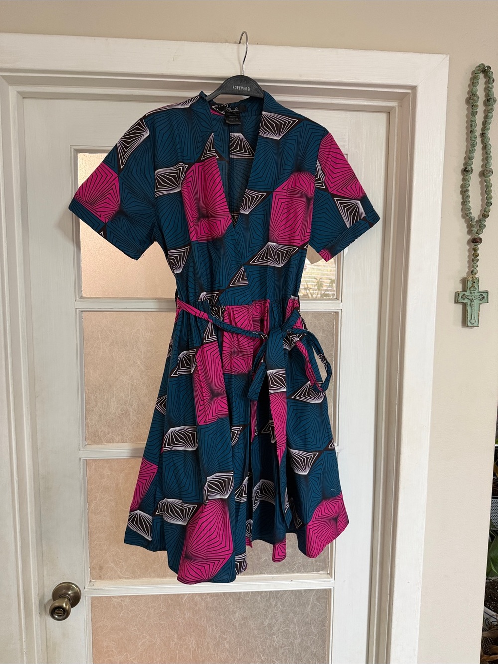 African Print 100% Cotton Teal & Fuchsia Geometric Wrap Dress